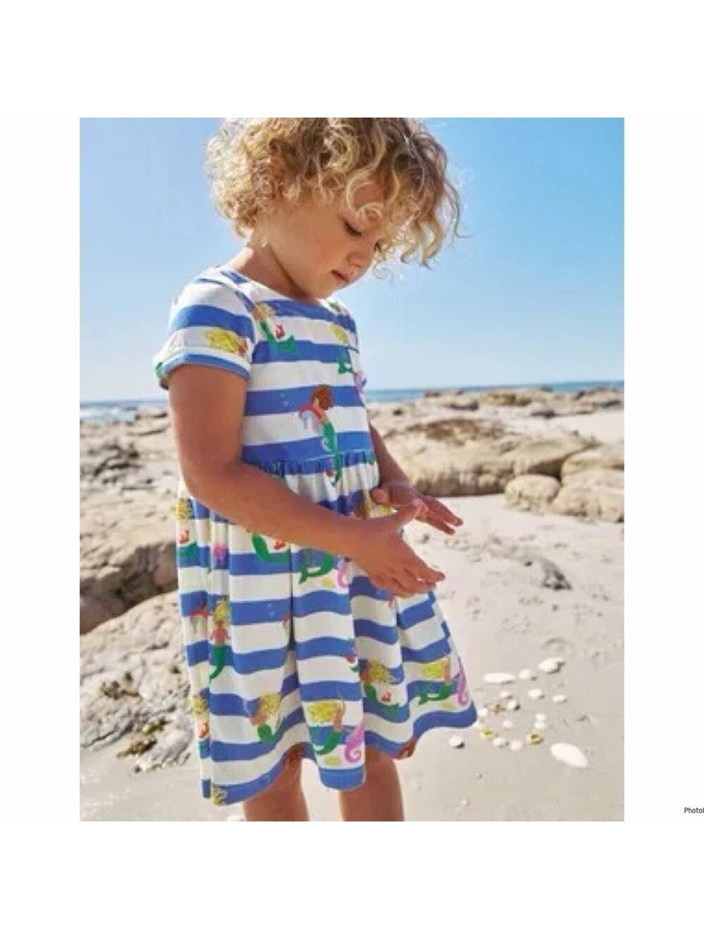 Mini Boden Kids' Print Cotton Jersey Dress Surf Blue Mermaid Stripe Size 5/6